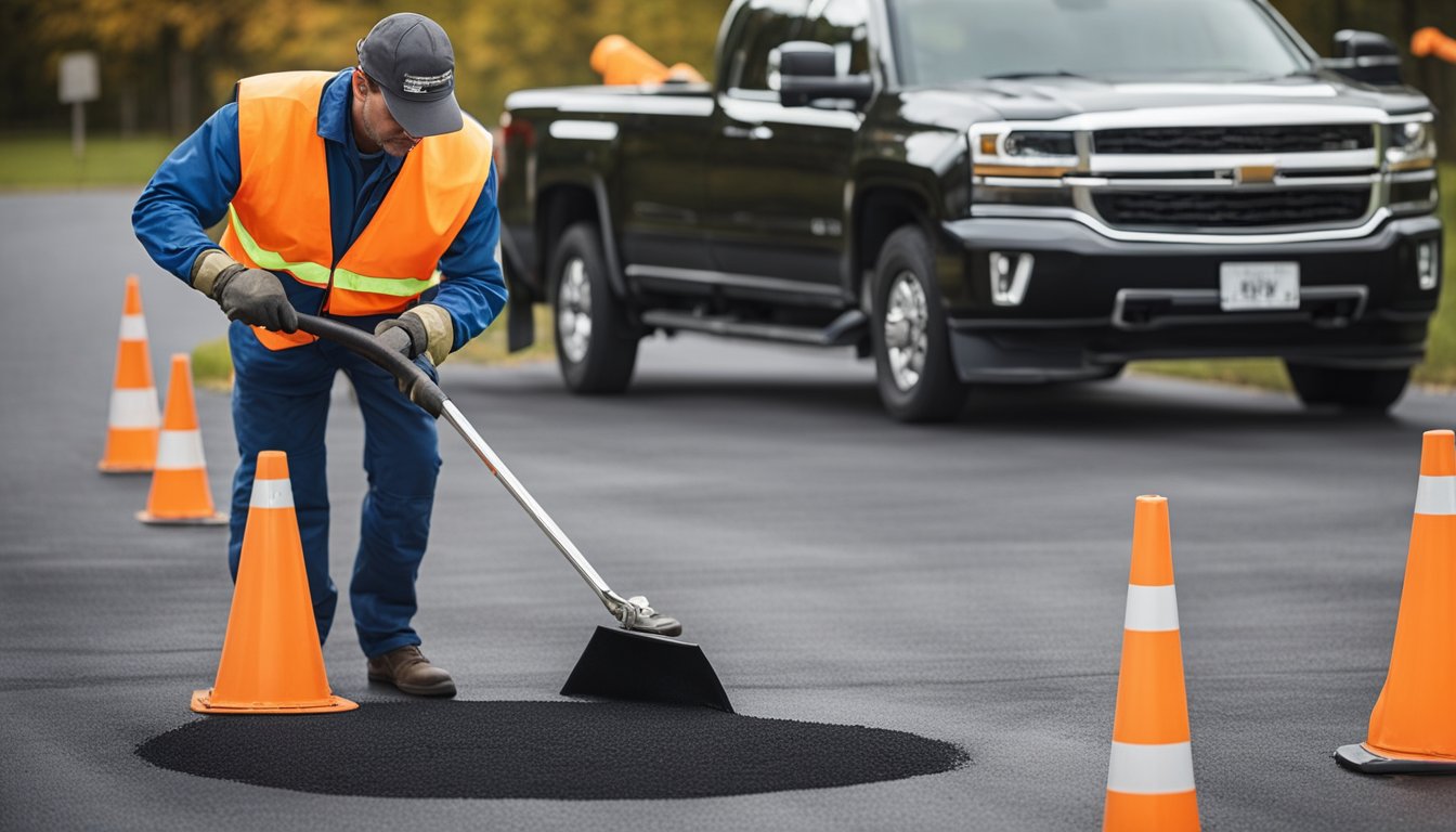 A worker applies black asphalt sealer to a driveway in Norfolk County, surrounded by protective barriers and equipment
