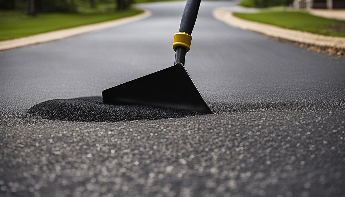 A driveway being sealed with Safeguard Asphalt Sealing in Norfolk County. The asphalt is being carefully applied and smoothed out by a professional