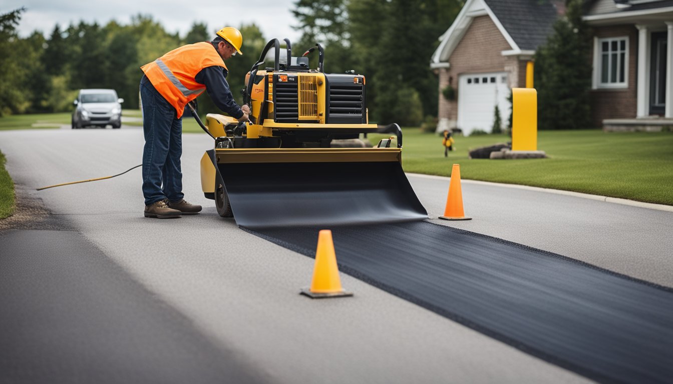 A driveway being sealed with Safeguard Asphalt Sealing in Norfolk County, with workers and equipment in action