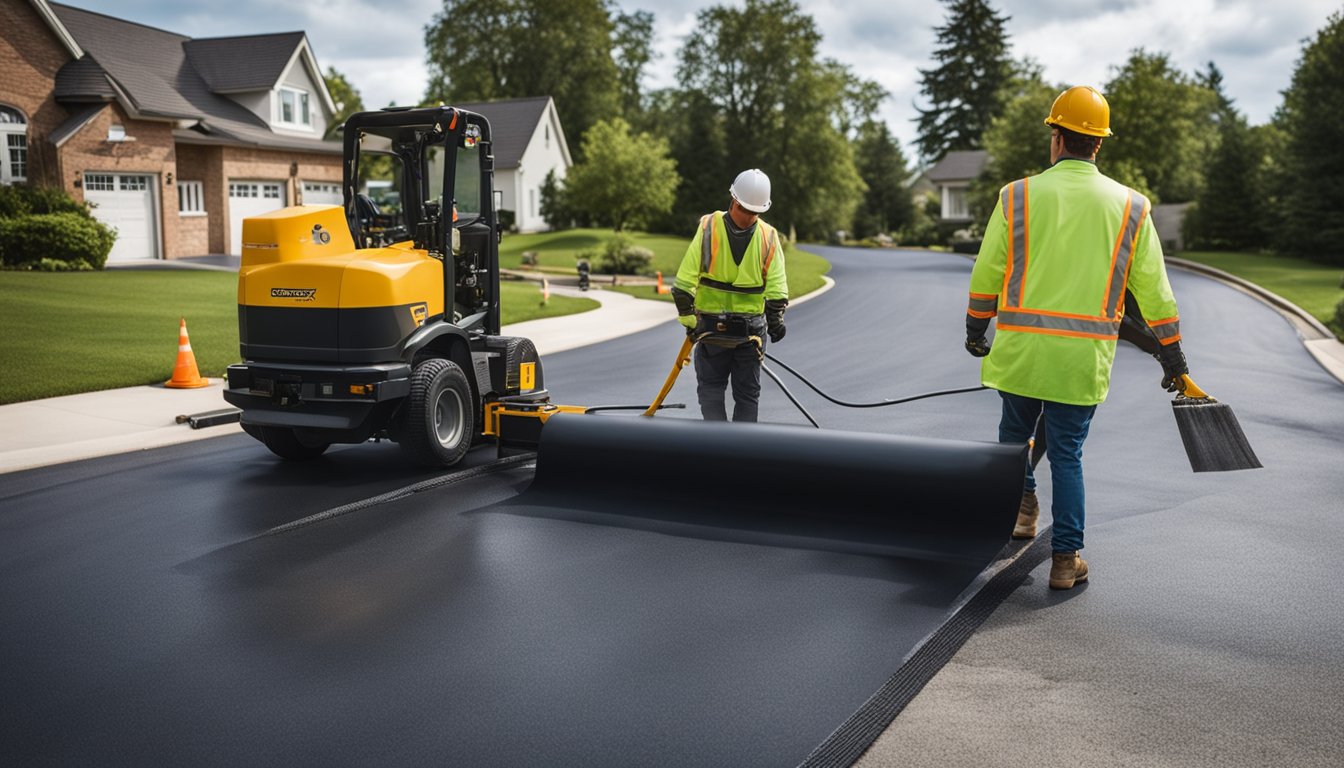 A driveway being sealed by Safeguard Asphalt Sealing, with workers and equipment in action