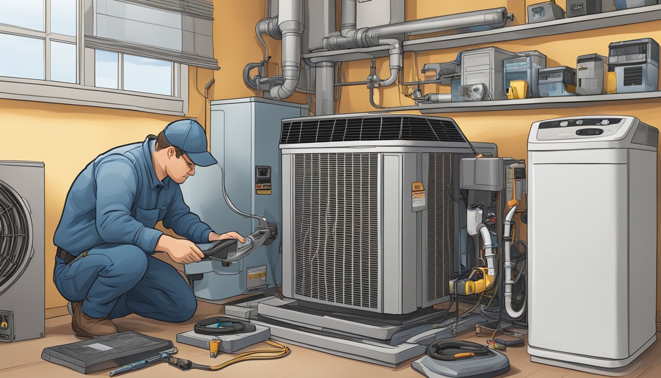 A technician repairing a furnace and air conditioner in a cluttered utility room