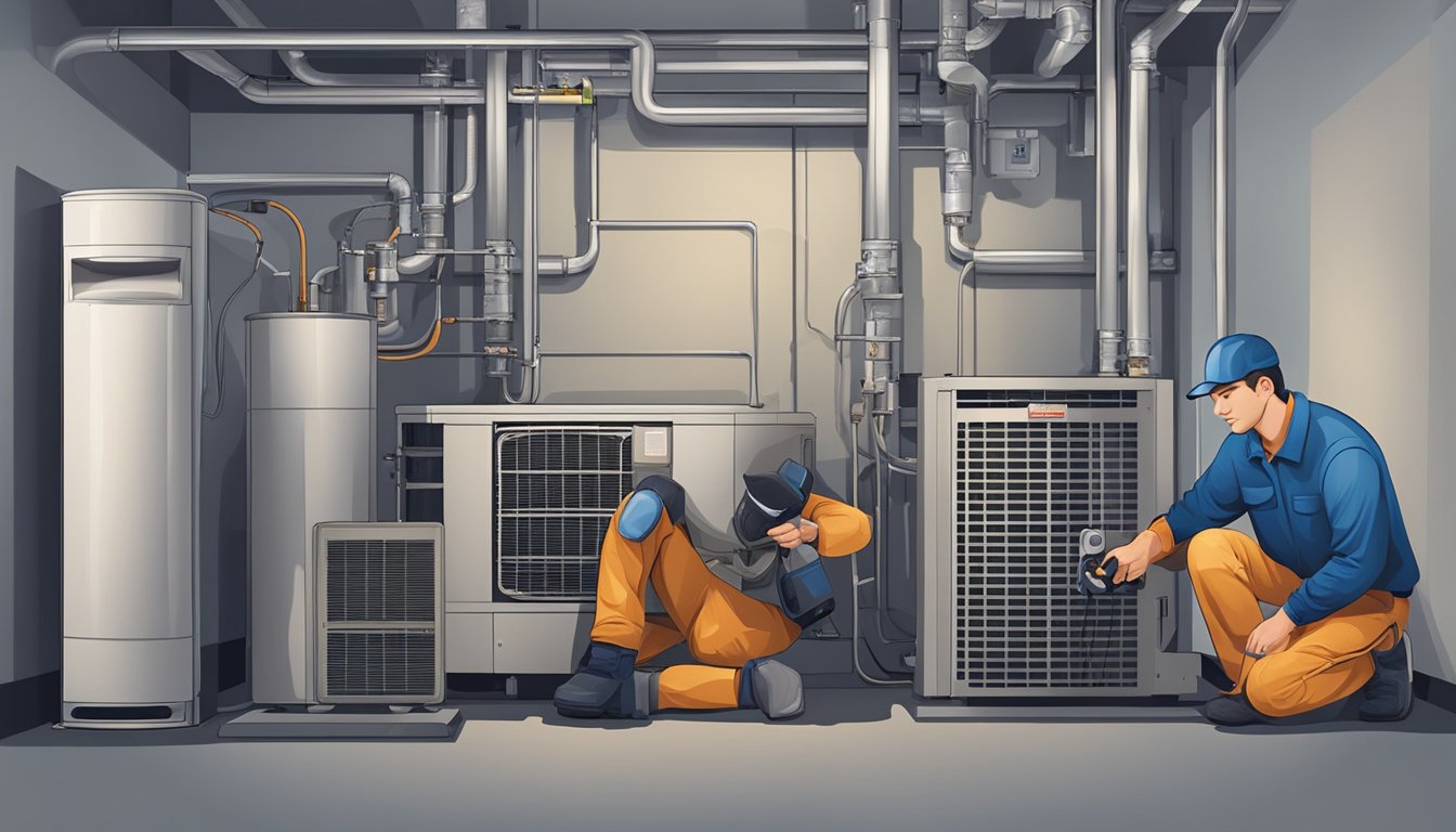 A technician repairing a furnace and an air conditioner unit in a residential basement
