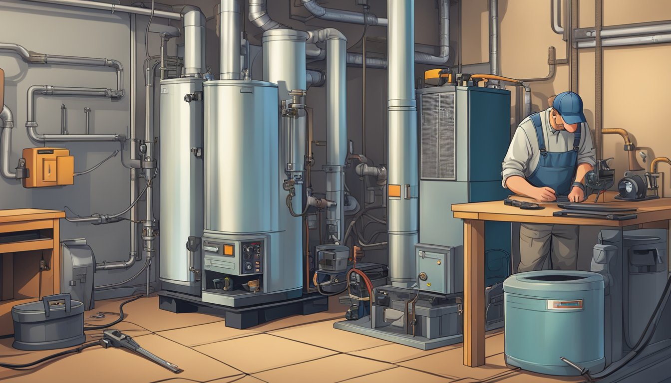 A technician inspecting a malfunctioning furnace with tools and equipment nearby