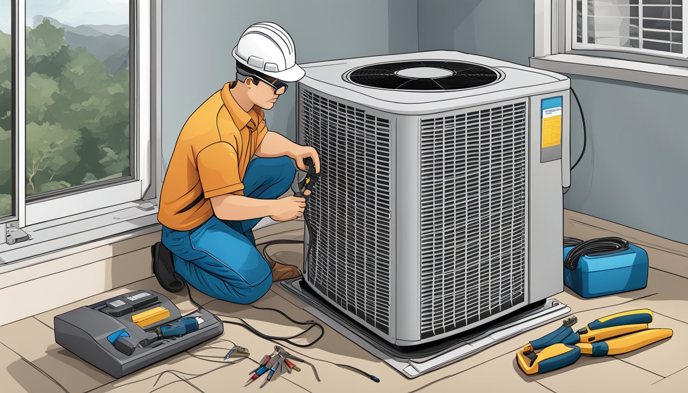 A technician repairing an air conditioner unit with tools and equipment scattered around