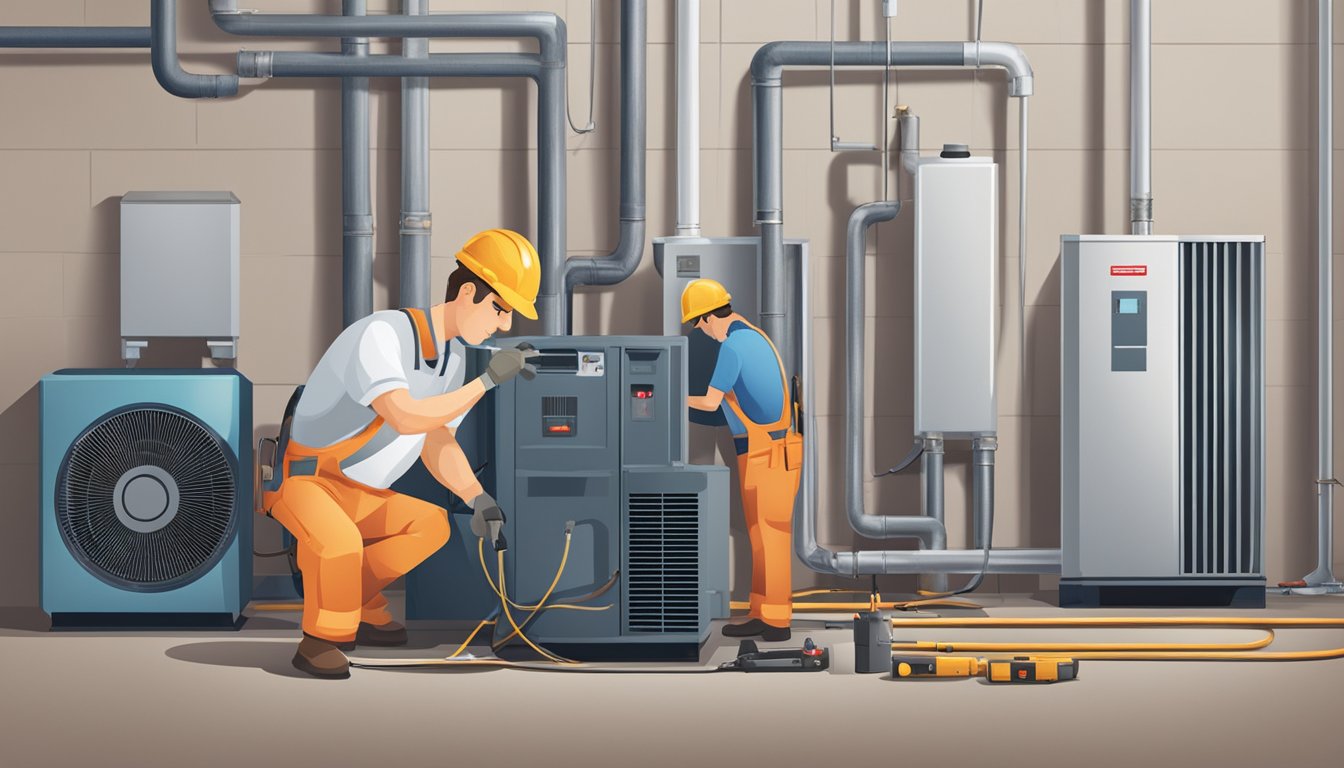 A technician repairing a furnace and air conditioner with tools and equipment nearby