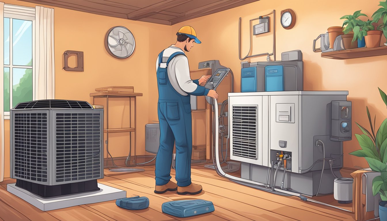 A technician repairing a furnace and air conditioner in a cozy home