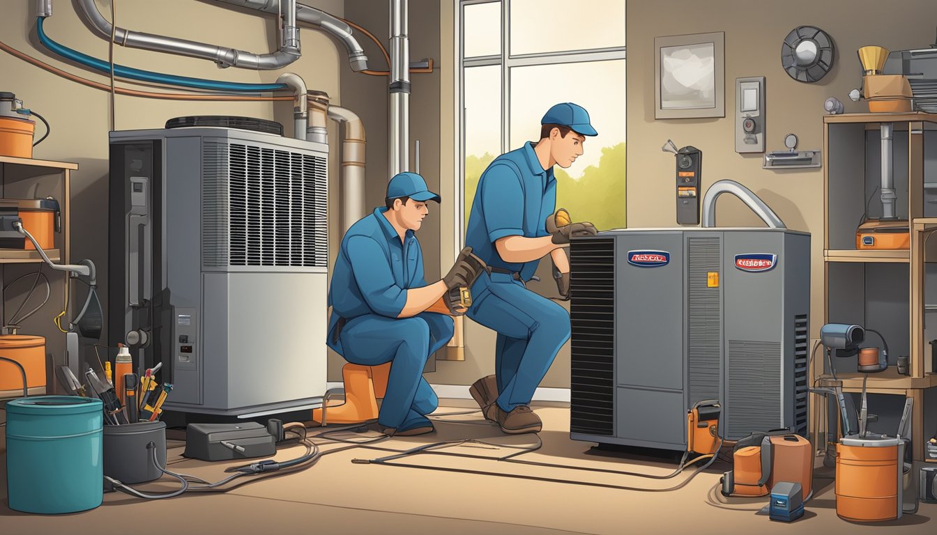 A technician repairing a furnace and air conditioner, surrounded by tools and equipment, with a customer looking on
