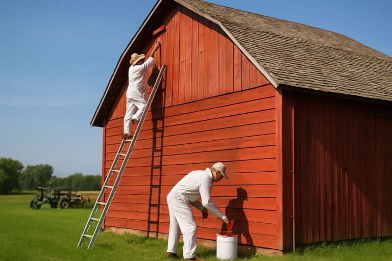 Two painters painting a large red barn outdoors with paint rollers and brushes.
