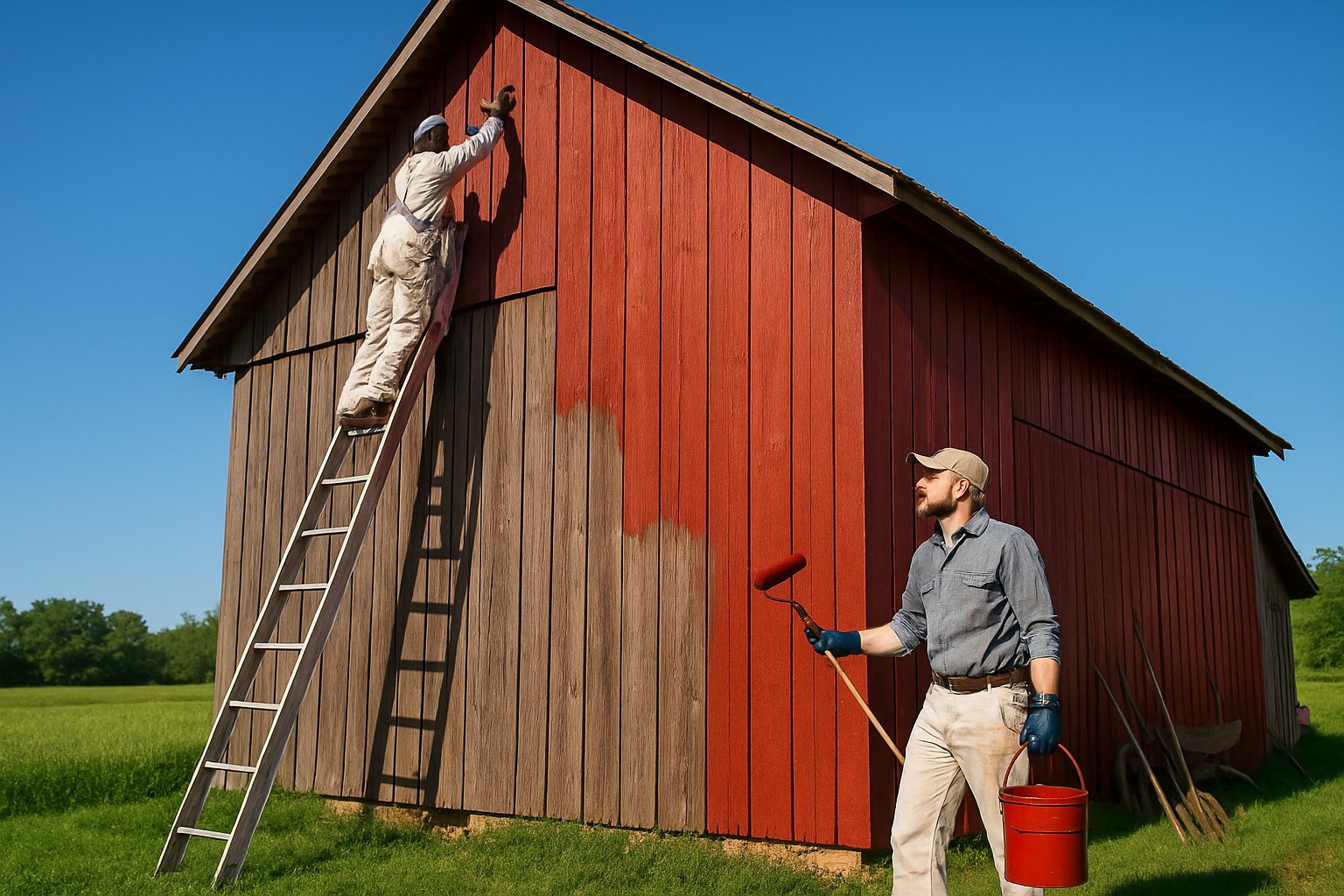 Two workers painting a large wooden barn outdoors on a sunny day.