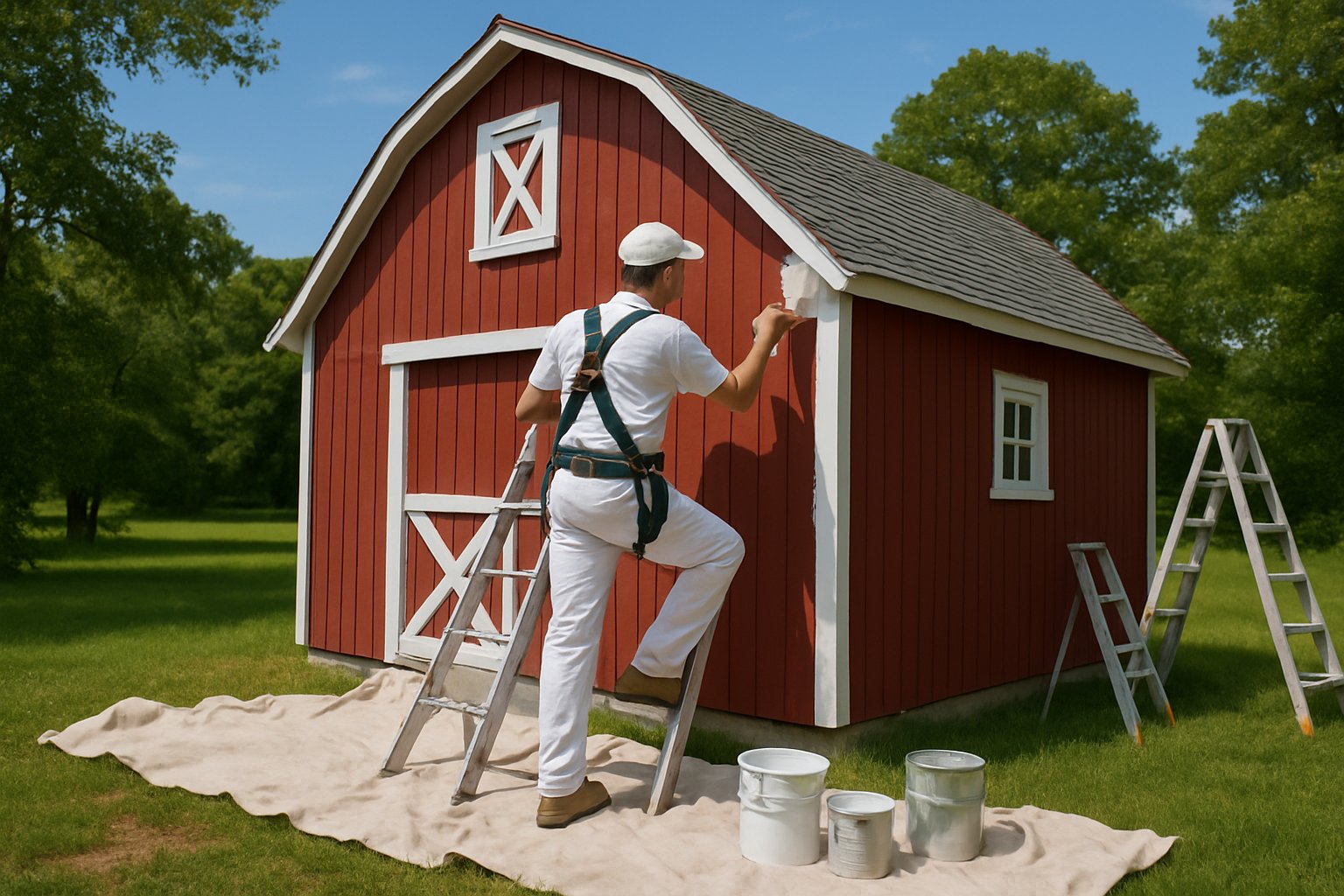 A painter applying white paint to the exterior of a red wooden barn outdoors.