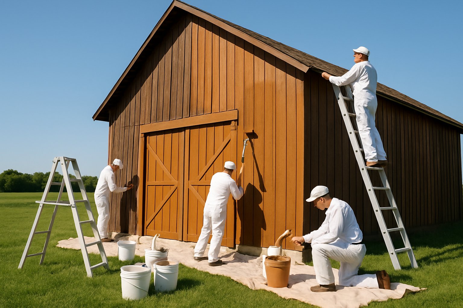 A team of painters painting the exterior of a large wooden barn outdoors with painting tools and equipment around them.