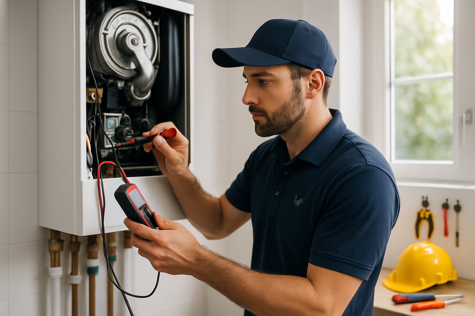Technician repairing a boiler in a clean, well-lit utility room with tools and equipment.
