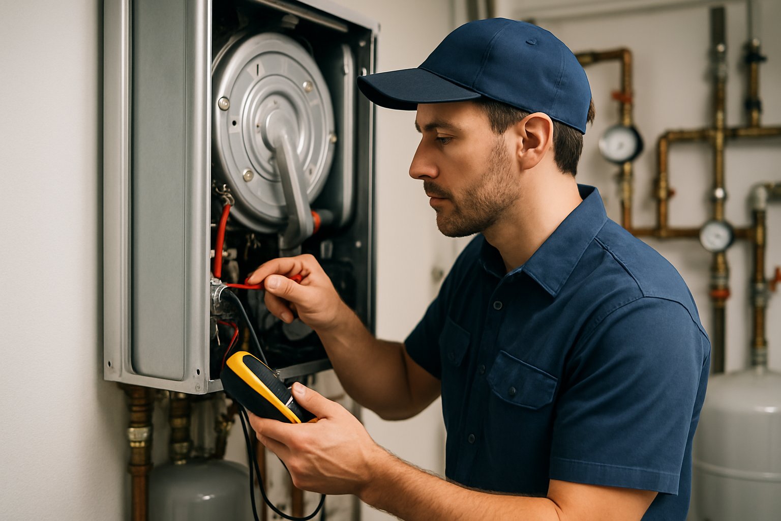 A technician repairing a boiler in a well-lit utility room with pipes and gauges.