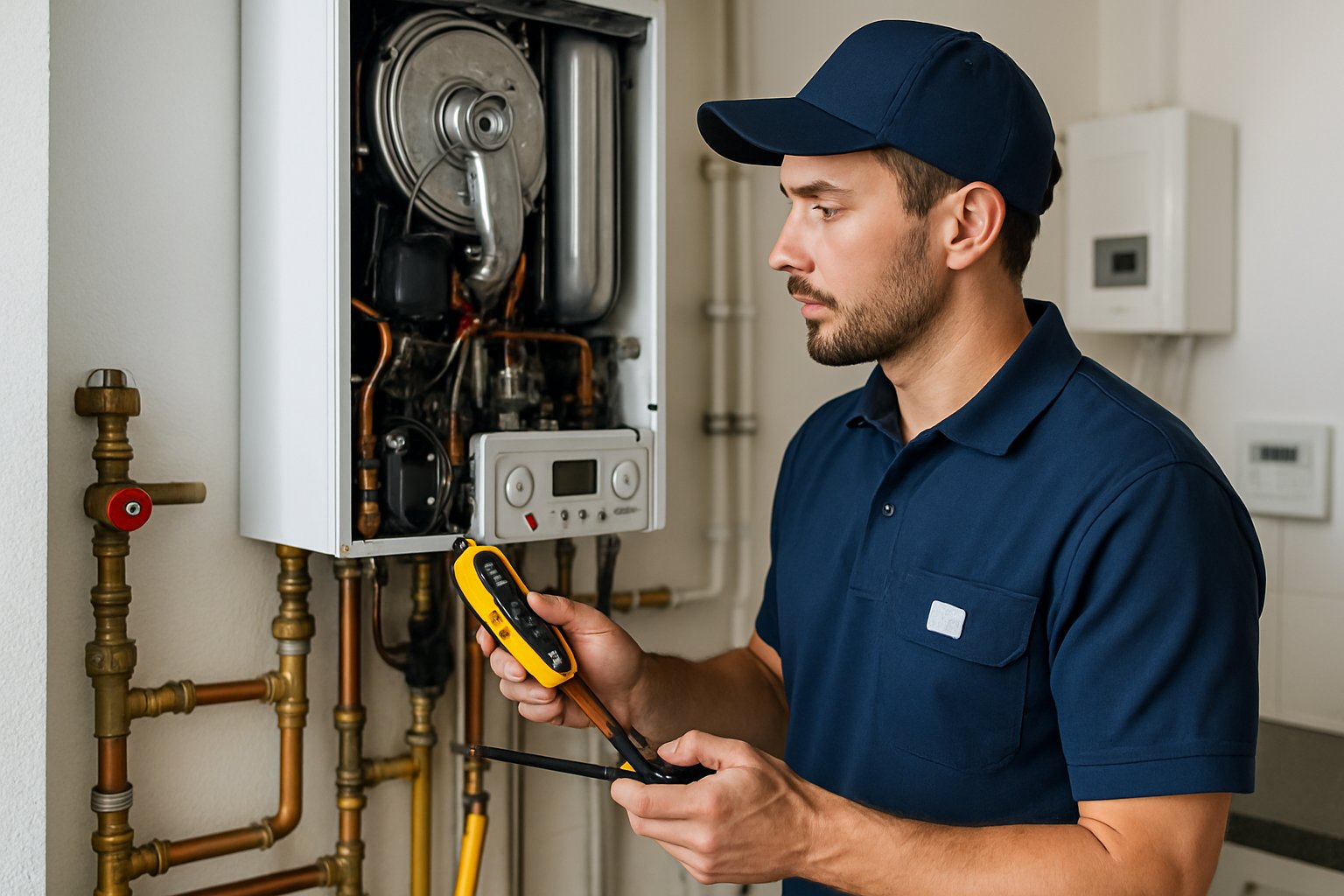 Technician repairing a gas boiler in a clean utility room with heating pipes and control panels.