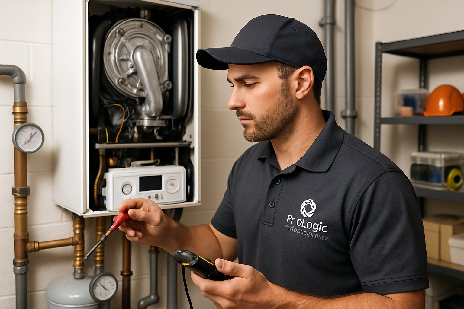 Technician repairing a modern boiler in a residential utility room using specialized tools.