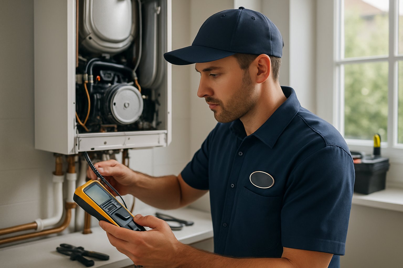 A technician repairing a boiler in a clean, well-lit utility room using diagnostic tools.