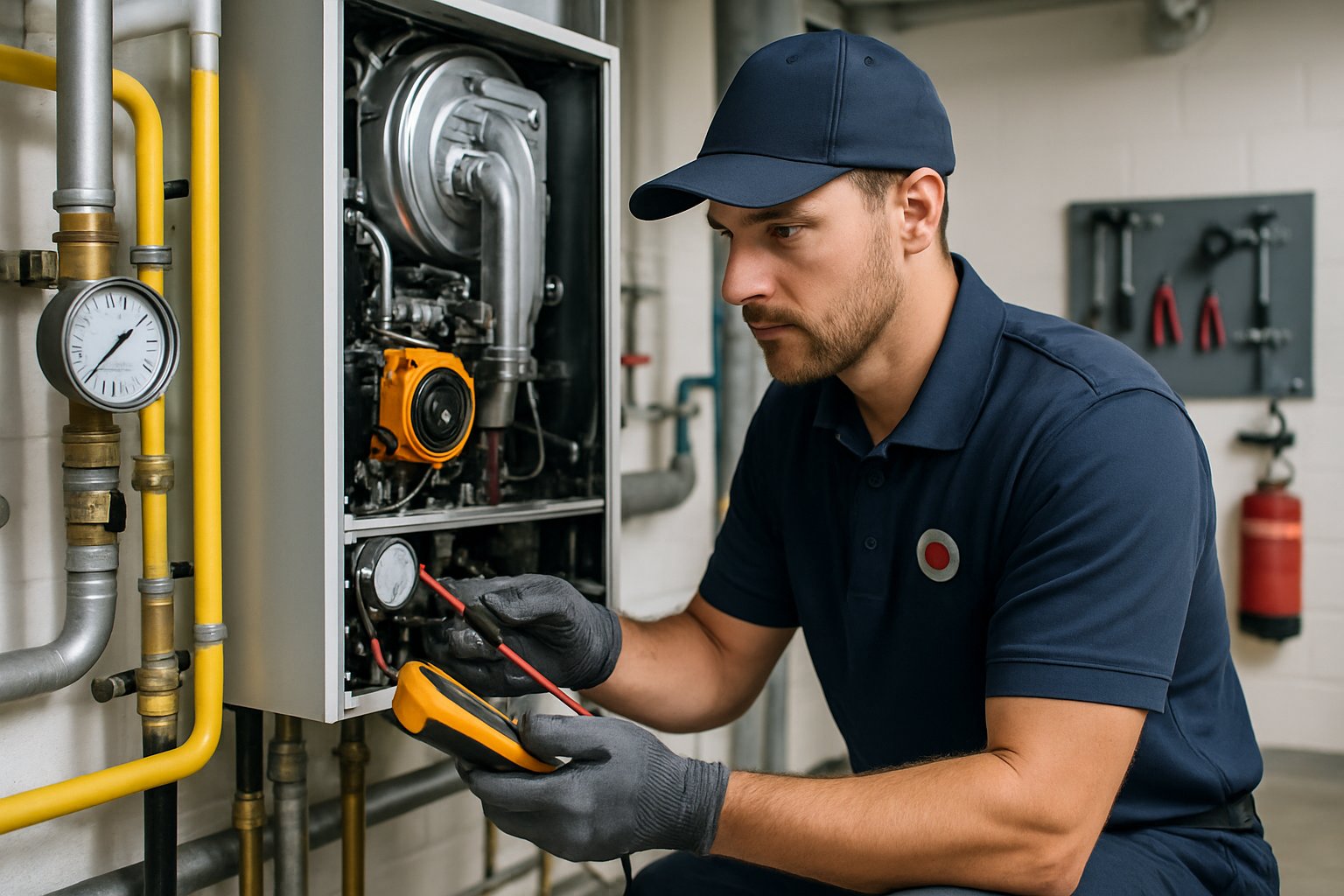 Technician repairing a commercial boiler in a mechanical room with pipes and gauges.