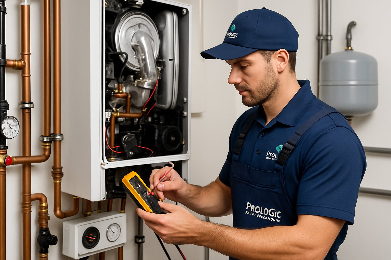 Technician repairing a boiler in a residential utility room with heating system components visible.