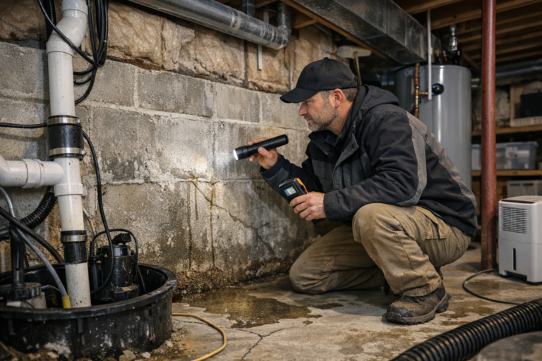 Inspector examining a damp basement wall with flashlight