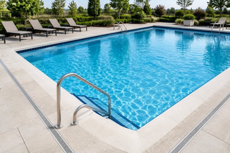 Outdoor commercial swimming pool with lounge chairs and landscaped deck