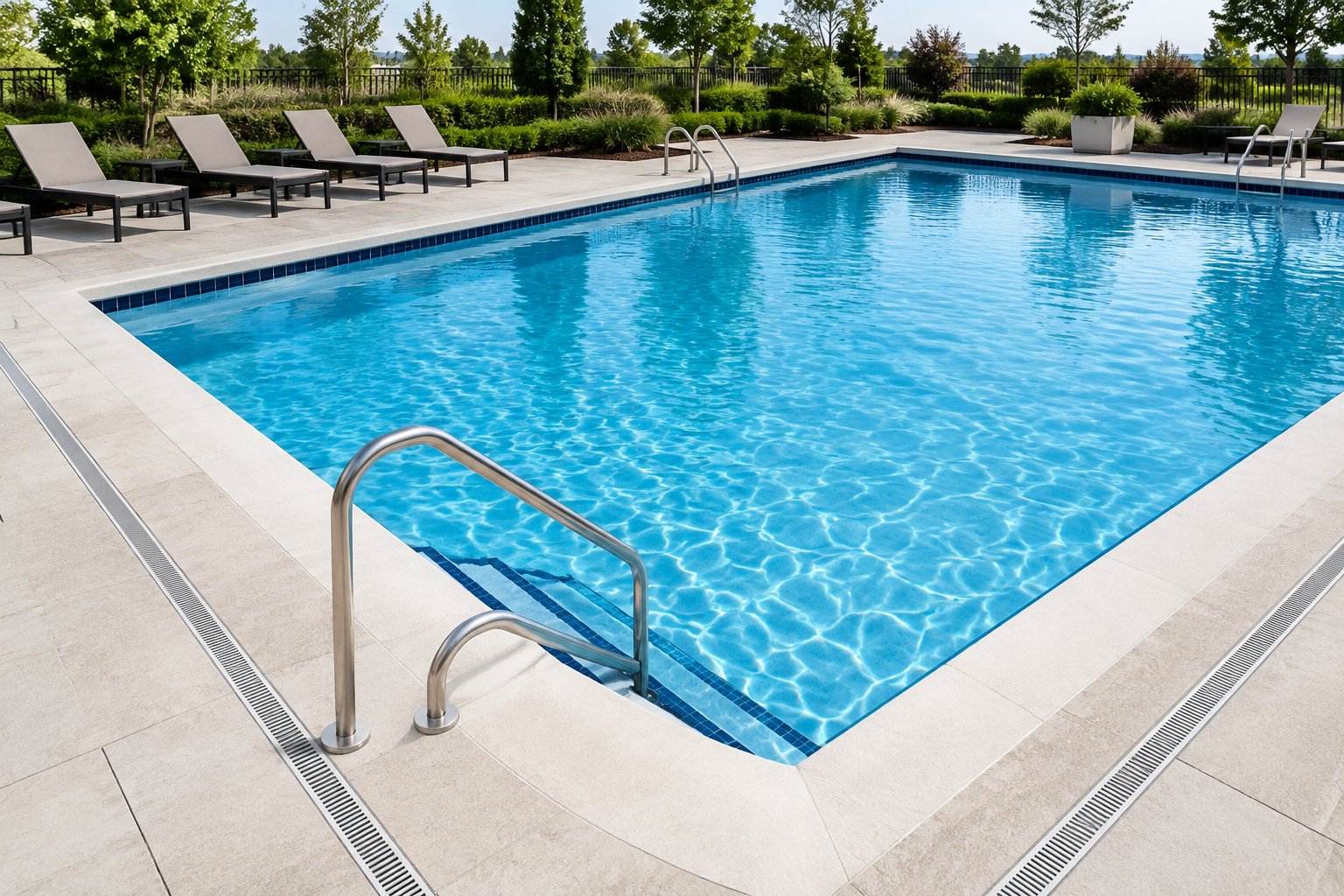 Outdoor commercial swimming pool with lounge chairs and landscaped deck