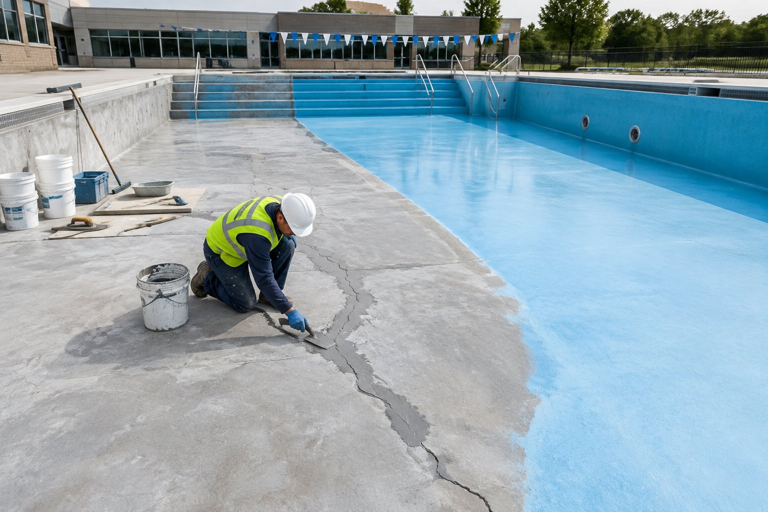 A worker repairs a crack in the concrete basin of a commercial swimming pool.