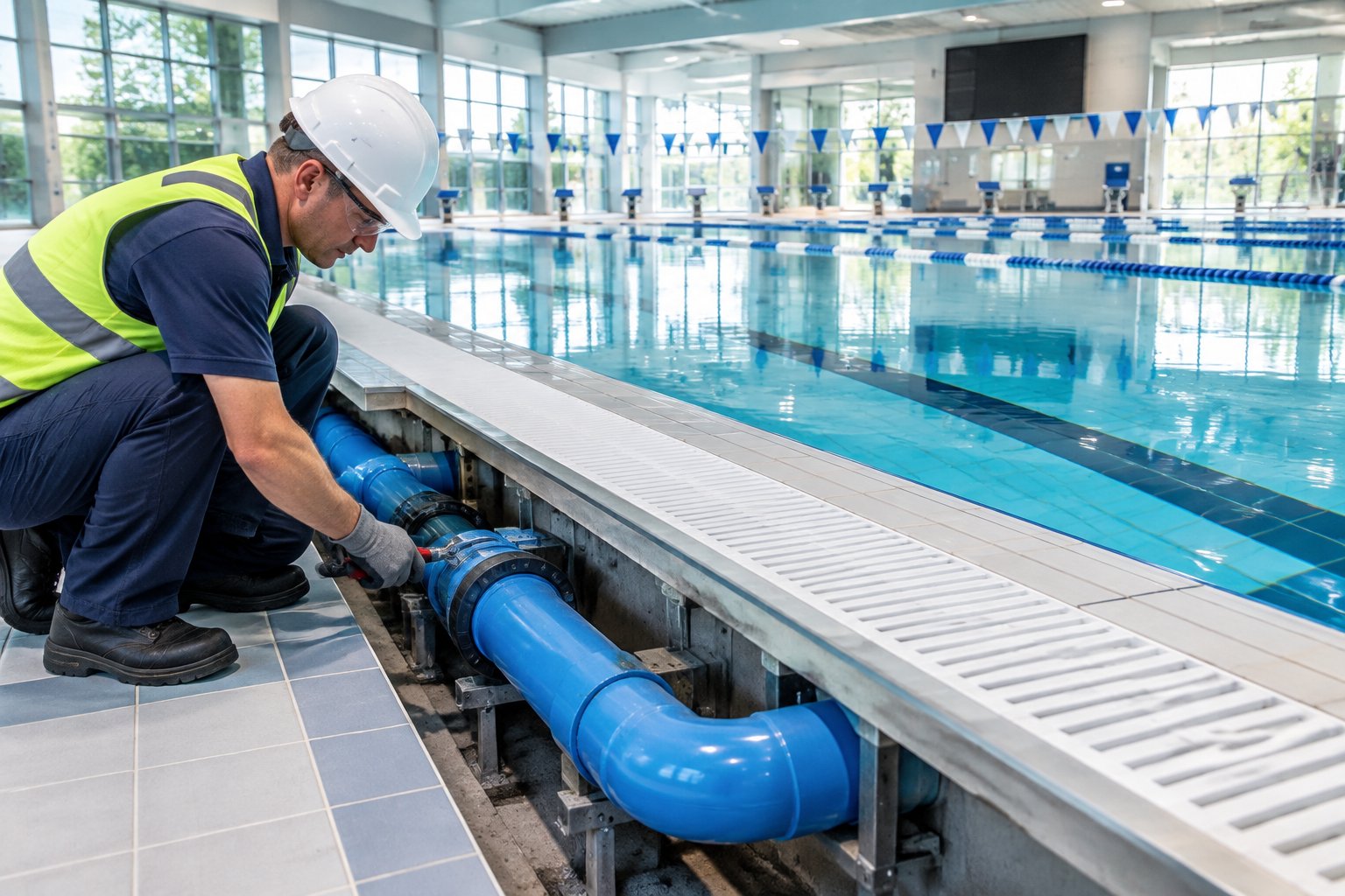 A technician inspects new recirculation pipes beneath the perimeter gutter of a commercial swimming pool.