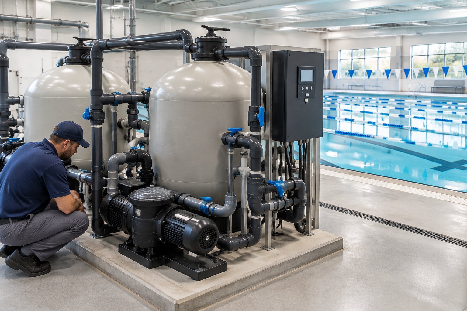 A technician inspects upgraded pool pumps and filtration equipment beside a commercial swimming pool.