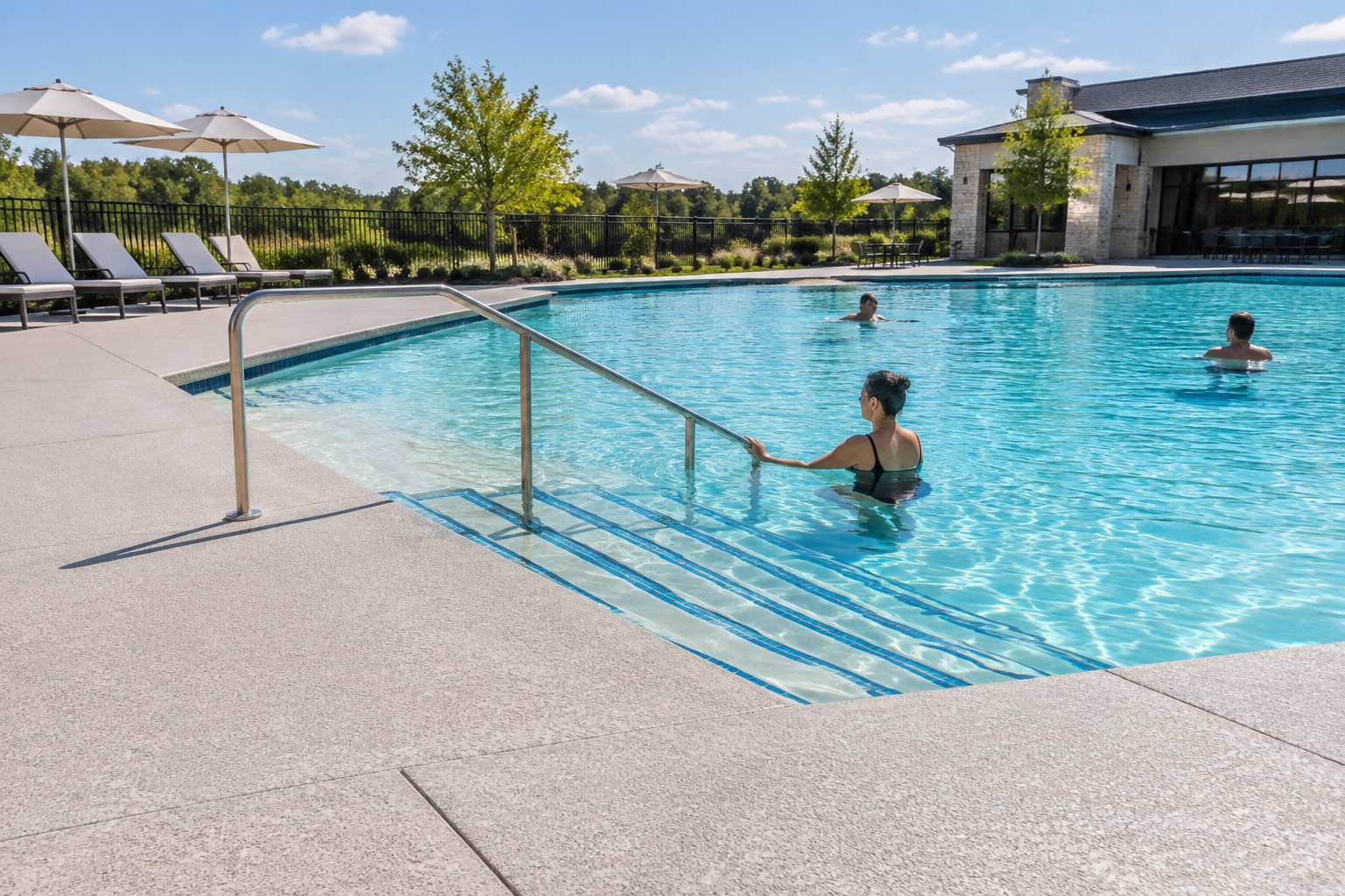 A modern swimming pool with a textured deck and a gently sloped entry with handrails.