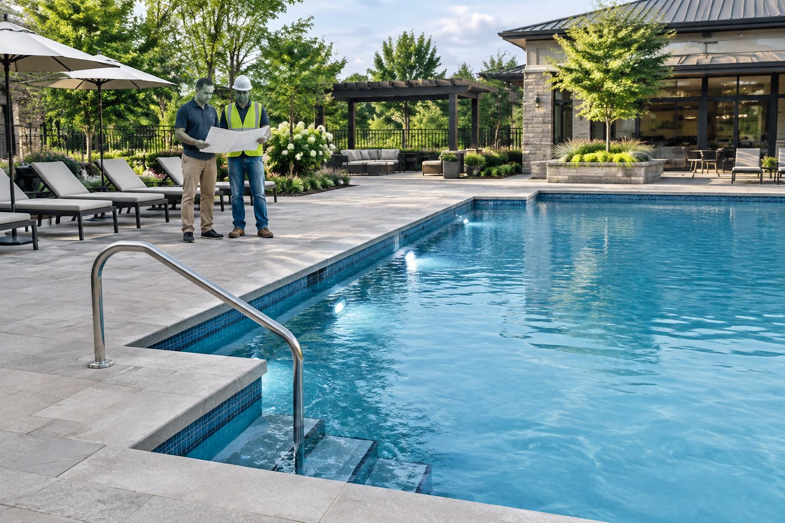 A facilities manager and contractor review plans beside a renovated commercial swimming pool.