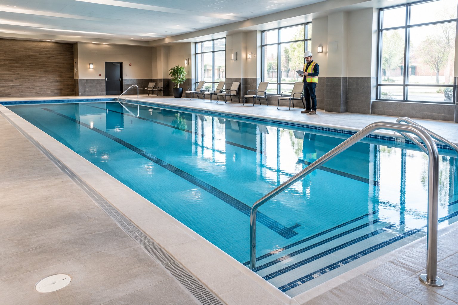 A professional inspects a renovated commercial swimming pool.