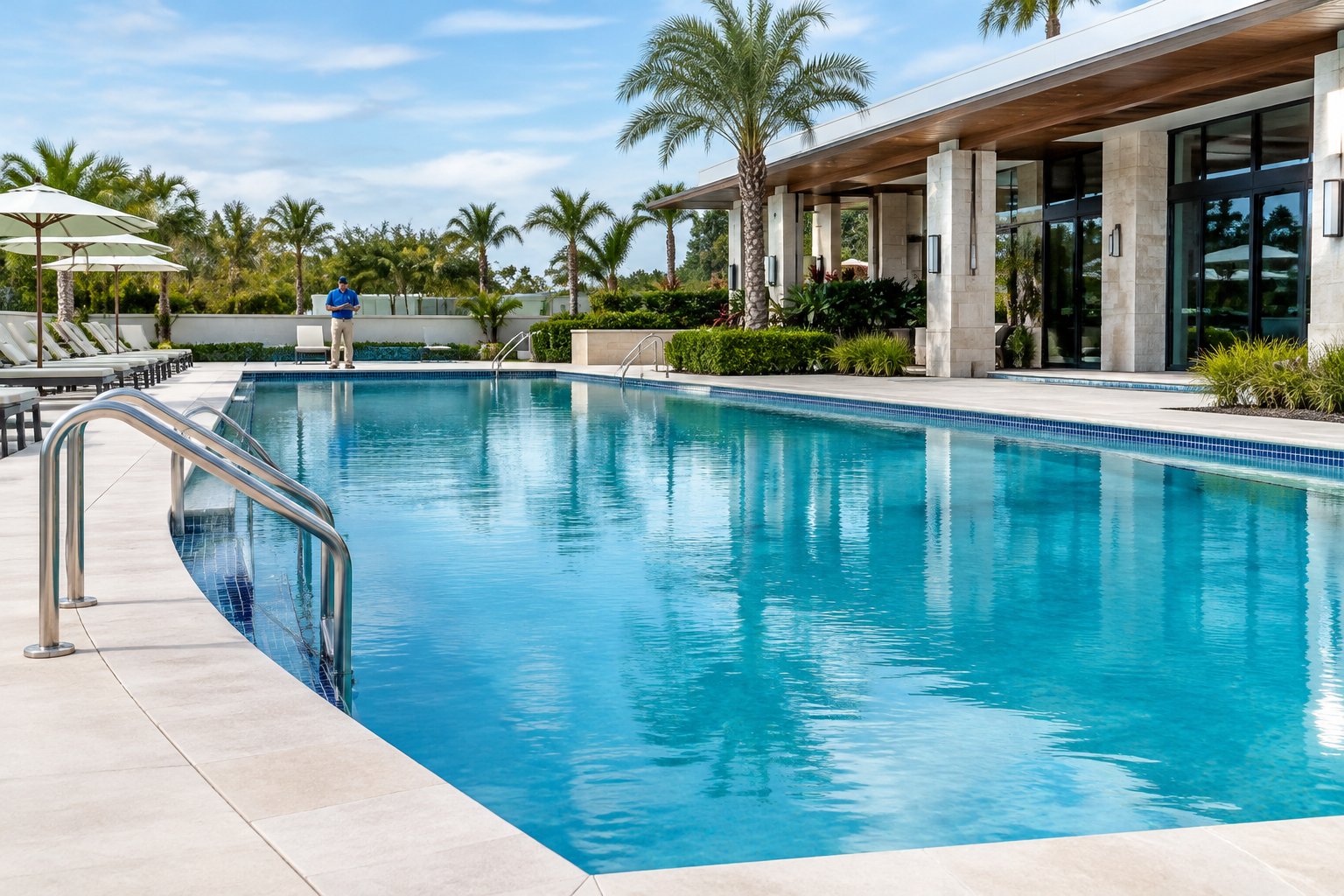 A renovated commercial swimming pool with clear water, a clean stone deck, and a professional inspecting the area.